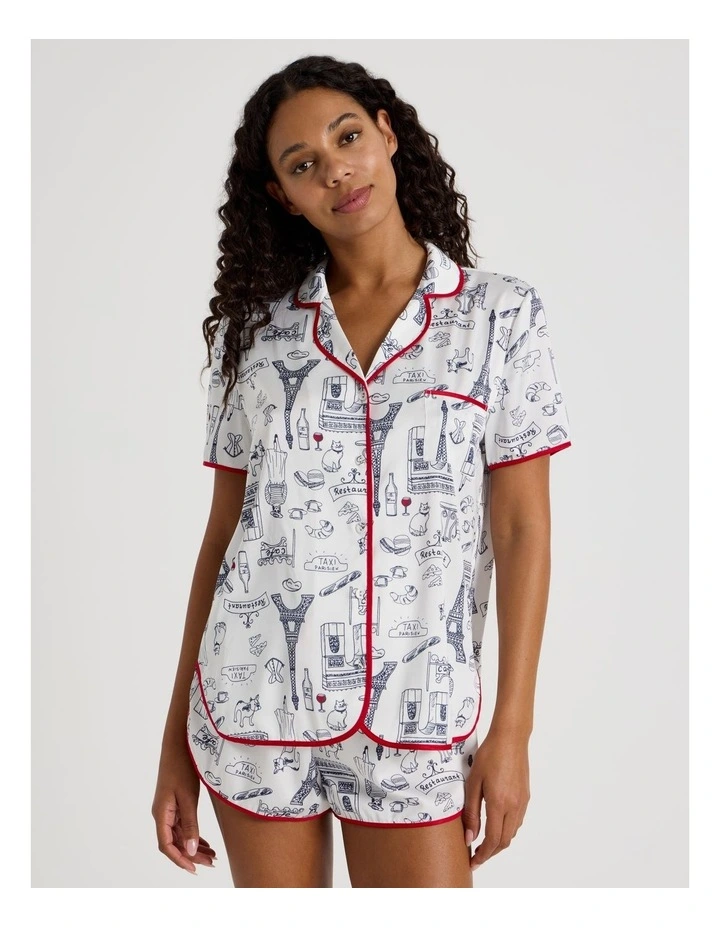 Luxe Satin Binding Short Sleeve Short PJ Set in Parisian Outline Print image 2