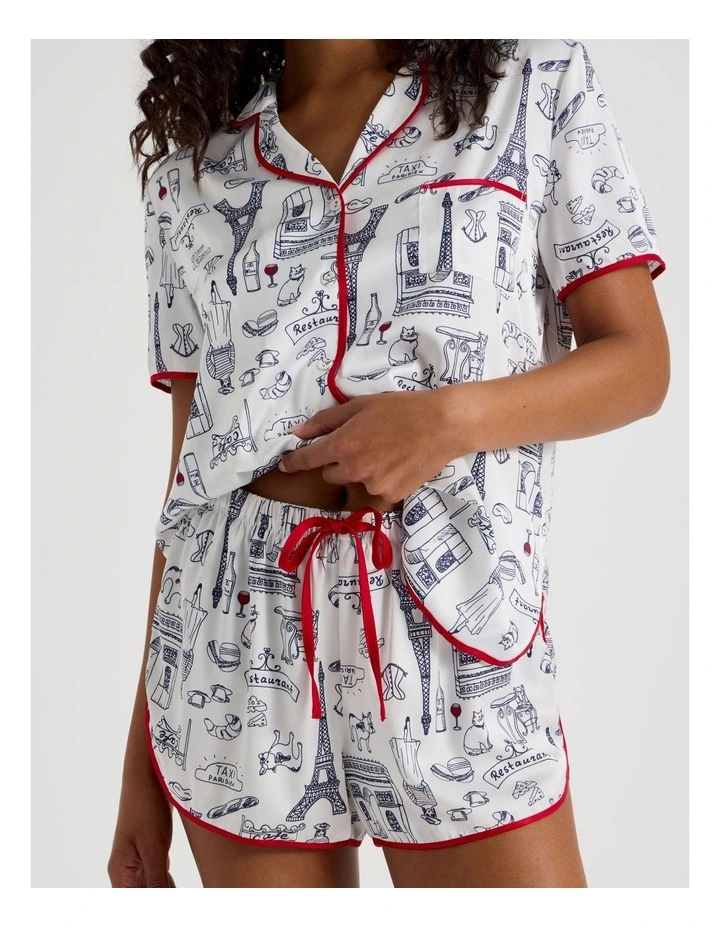 Luxe Satin Binding Short Sleeve Short PJ Set in Parisian Outline Print image 3