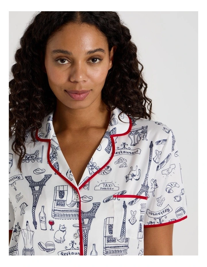 Luxe Satin Binding Short Sleeve Short PJ Set in Parisian Outline Print image 4