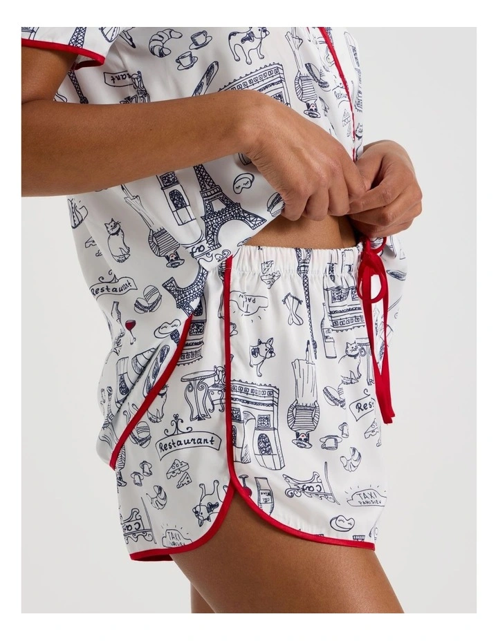 Luxe Satin Binding Short Sleeve Short PJ Set in Parisian Outline Print image 6