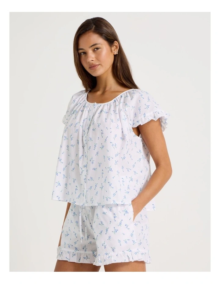 Divine Frill Sleeve Short PJ Set in Ditsy White Floral Print image 2