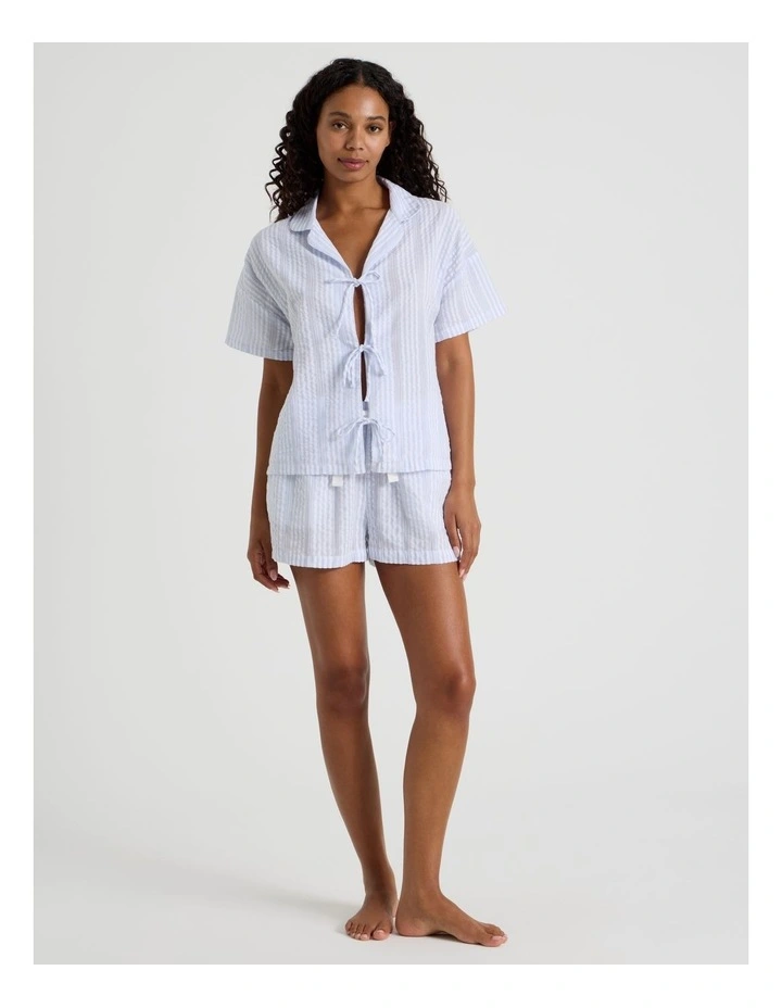 Divine Seersucker Tie Short Sleeve PJ Set in Blue Y/D Stripe image 1