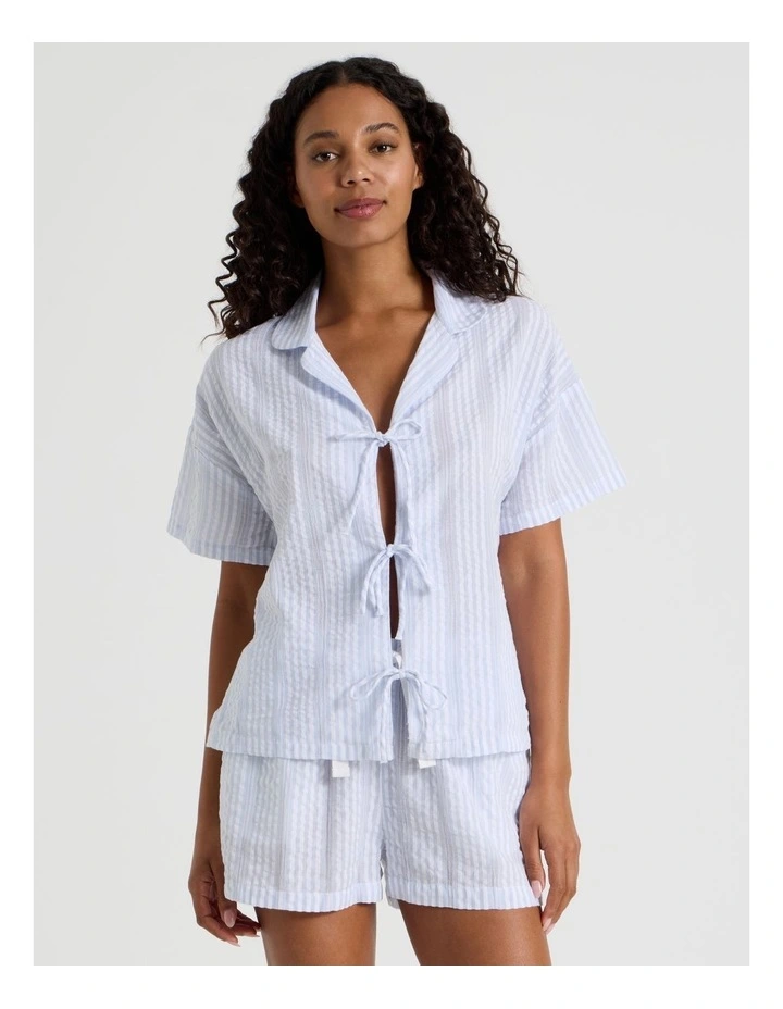 Divine Seersucker Tie Short Sleeve PJ Set in Blue Y/D Stripe image 2