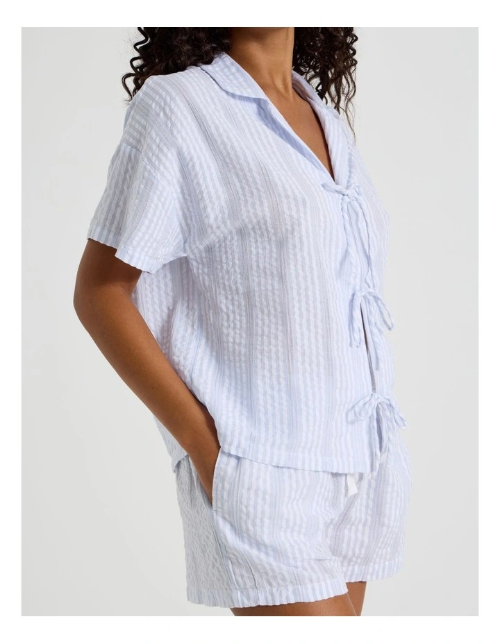 Divine Seersucker Tie Short Sleeve PJ Set in Blue Y/D Stripe image 3