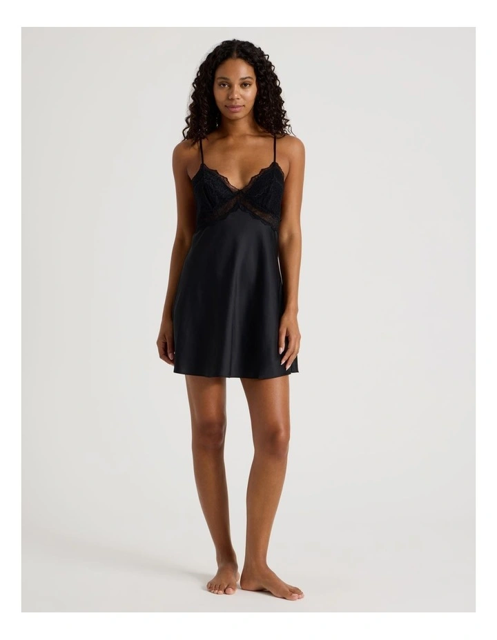 Luxe Satin Lace Bodice Chemise in Black image 1