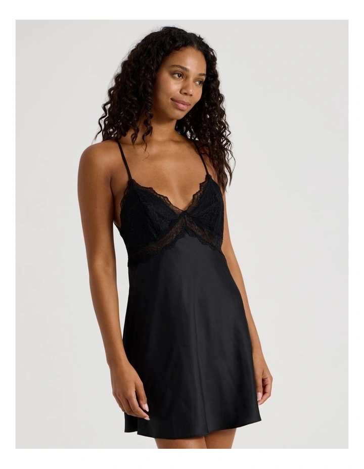 Luxe Satin Lace Bodice Chemise in Black image 2