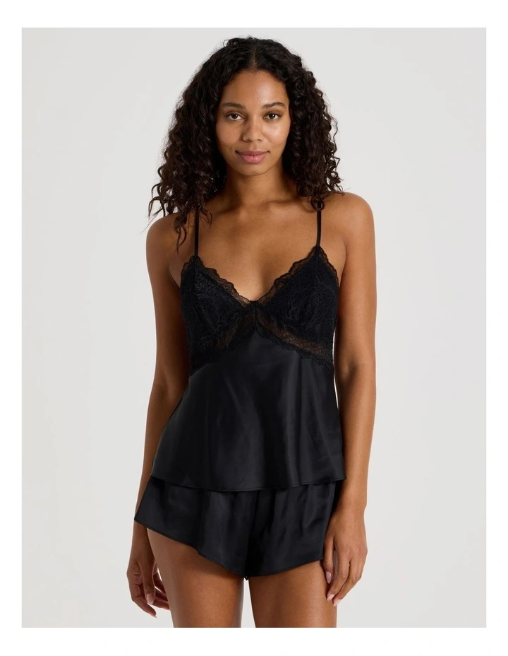 Luxe Satin Lace Bodice Cami Boxer Set in Black image 1