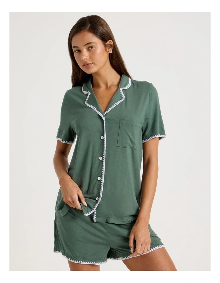 Pure Comfort Crochet Edge S/S Short PJ Set in Laurel Green image 1