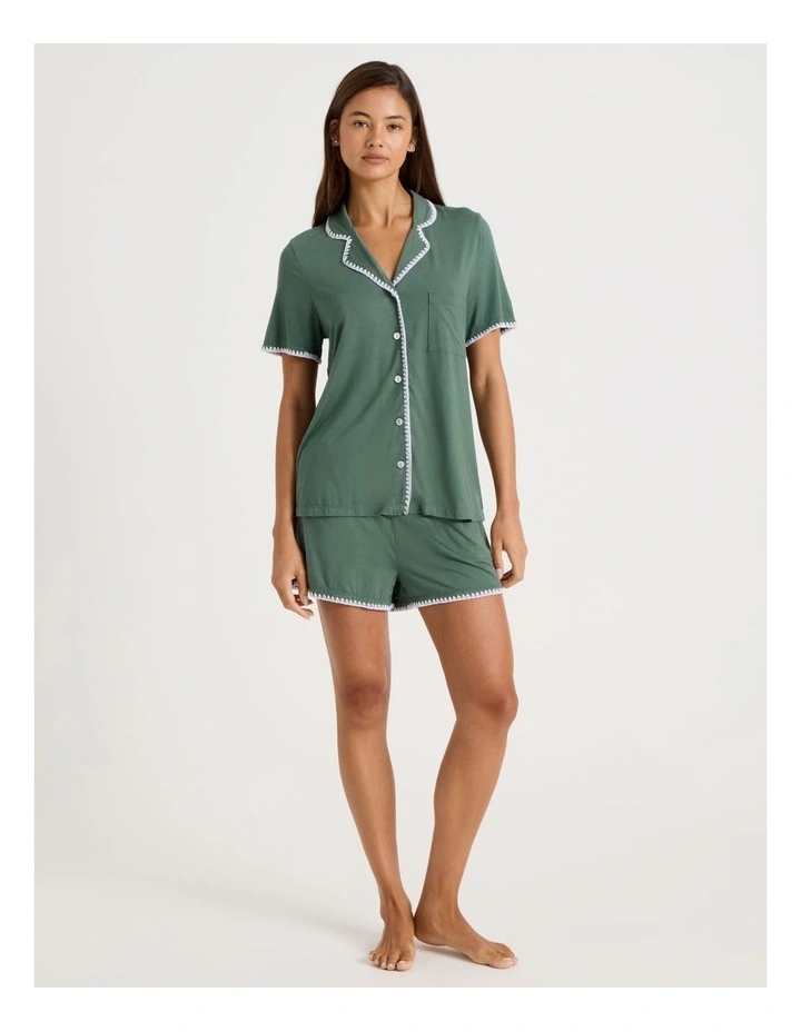 Pure Comfort Crochet Edge S/S Short PJ Set in Laurel Green image 2