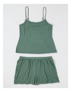 Pure Comfort Lace Trim Cami Boxer Set in Laurel Green