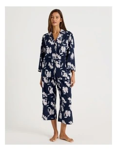 Serene Woven Relaxed 3/4 PJ Set in Shadow Floral Navy Print