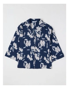 Serene Woven Relaxed 3/4 PJ Set in Shadow Floral Navy Print