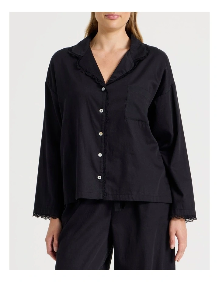 Divine Cotton & Lace Long Sleeve Long PJ Set in Black image 2