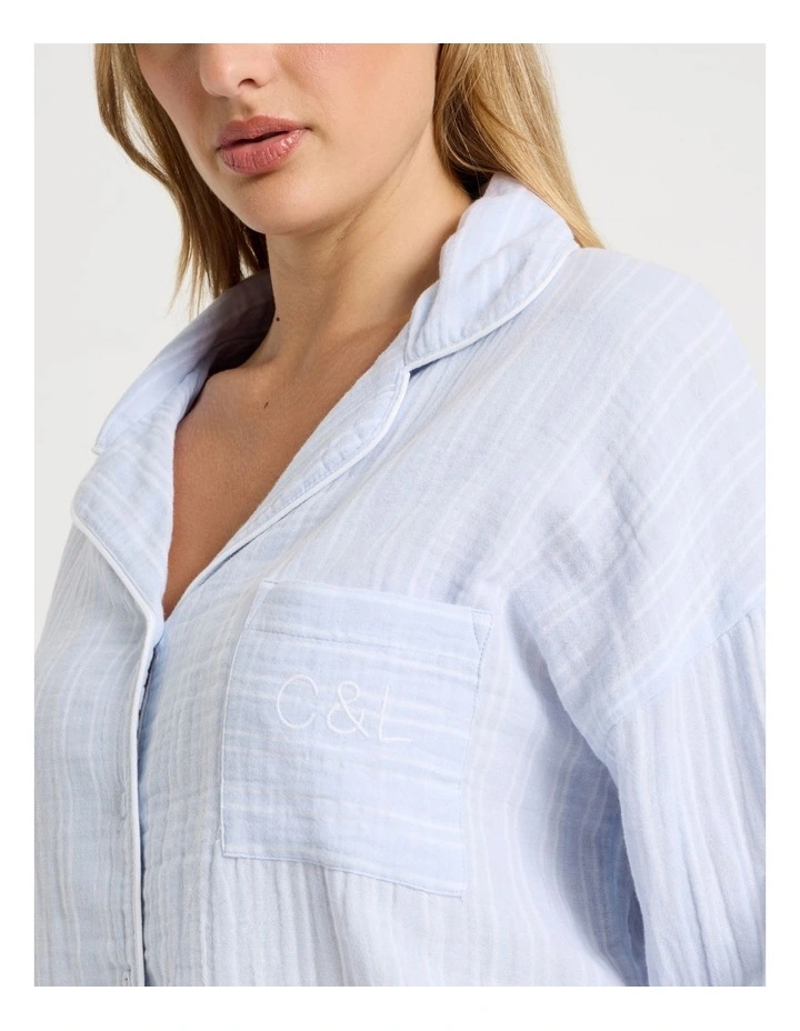 Divine Cheesecloth Long Sleeve Long PJ Set in Soft Blue Stripe image 2