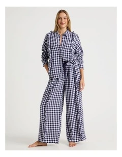 Divine Cheesecloth Frill Long Sleeve Long PJ Set in Navy Gingham Print