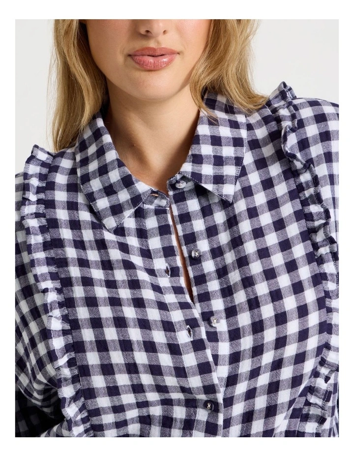 Divine Cheesecloth Frill Long Sleeve Long PJ Set in Navy Gingham Print image 2