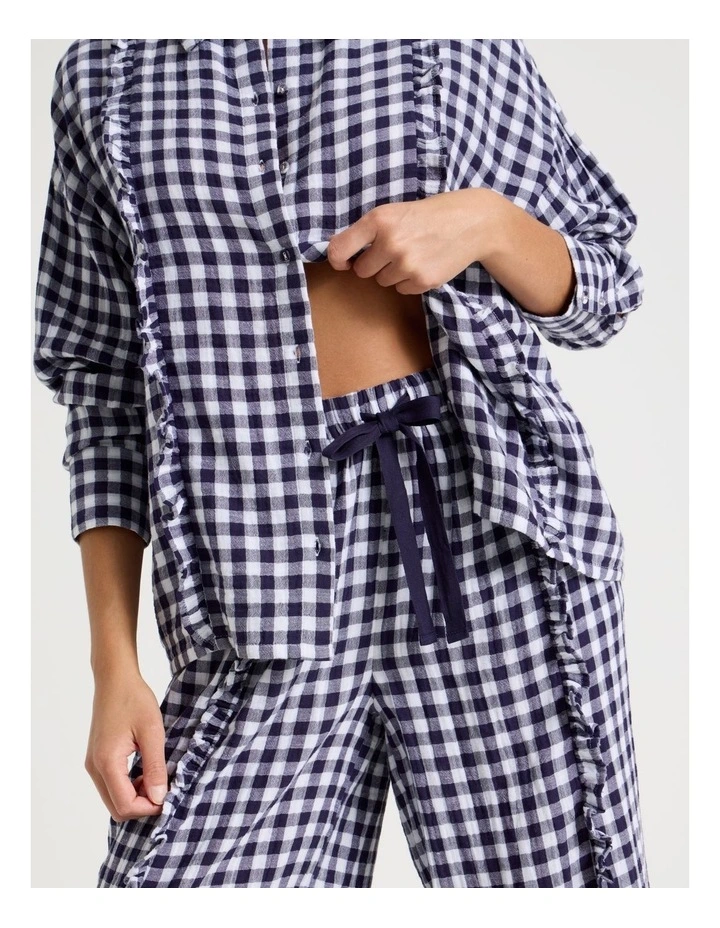 Divine Cheesecloth Frill Long Sleeve Long PJ Set in Navy Gingham Print image 3