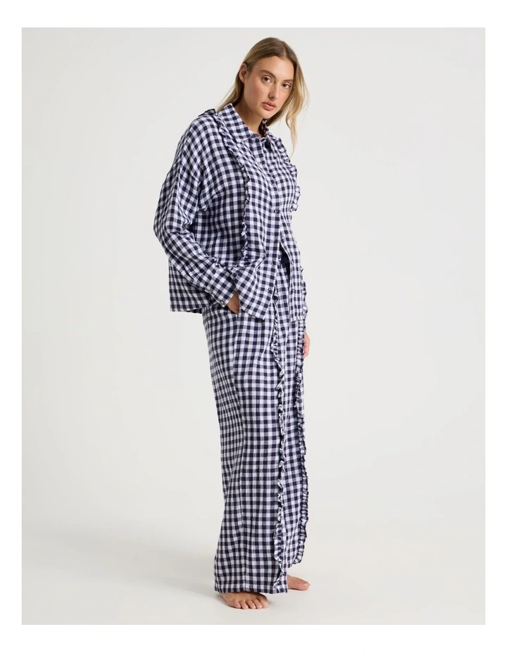 Divine Cheesecloth Frill Long Sleeve Long PJ Set in Navy Gingham Print image 4