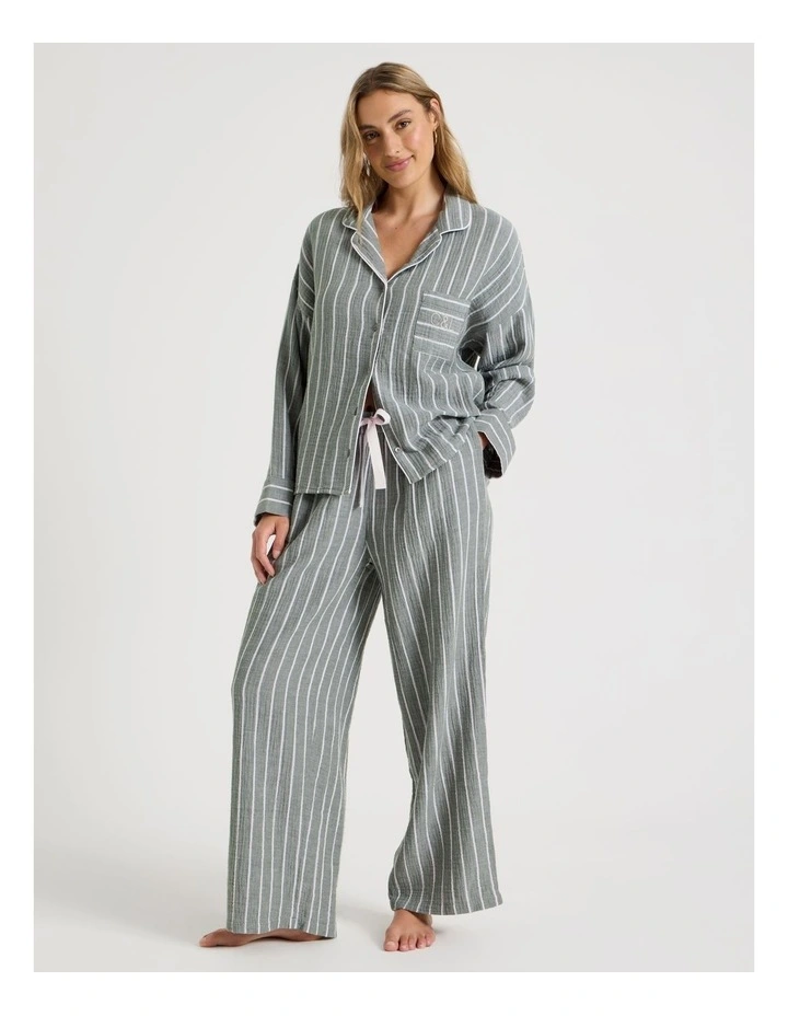 Divine Cheesecloth Long Sleeve Long PJ Set in Olive Stripe image 1