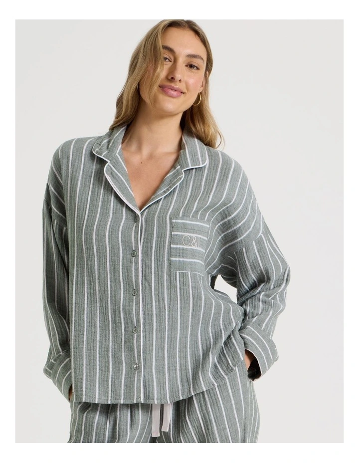 Divine Cheesecloth Long Sleeve Long PJ Set in Olive Stripe image 2