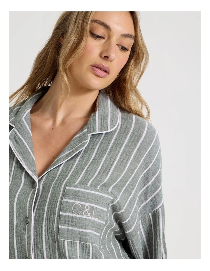 Divine Cheesecloth Long Sleeve Long PJ Set in Olive Stripe image 3