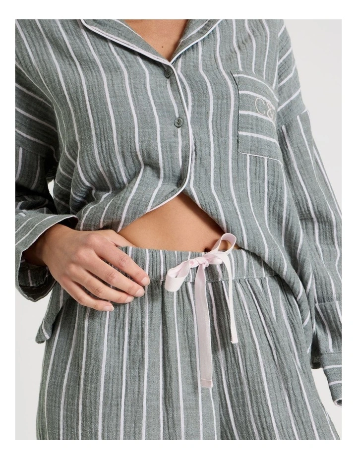Divine Cheesecloth Long Sleeve Long PJ Set in Olive Stripe image 4