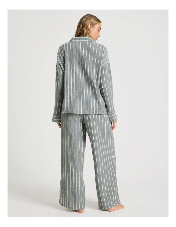 Divine Cheesecloth Long Sleeve Long PJ Set in Olive Stripe image 5