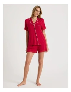 Pure Comfort Lace Trim Short Sleeve Short PJ Set in Chilli Red