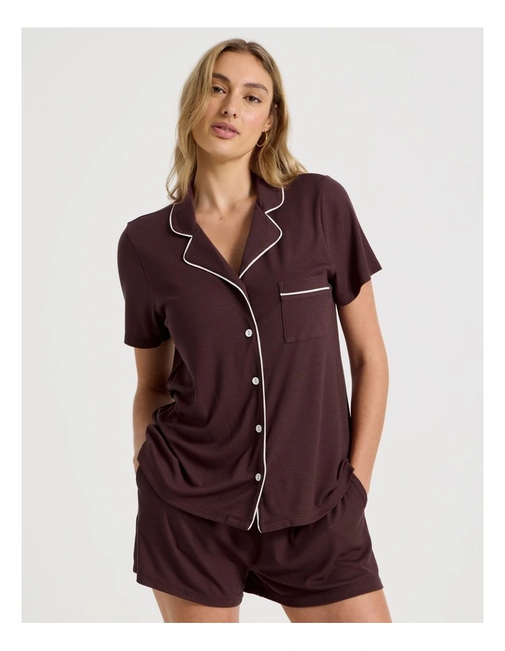 Pure Comfort Rib Short Sleeve Short Pyjama Set in Burnt Fig image 2