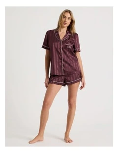 Luxe Satin Jacquard Stripe Short Sleeve Short PJ Set in Raisin Jacquard