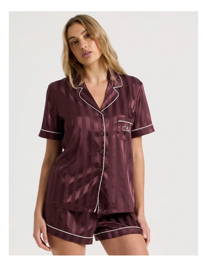 Luxe Satin Jacquard Stripe Short Sleeve Short PJ Set in Raisin Jacquard image 2