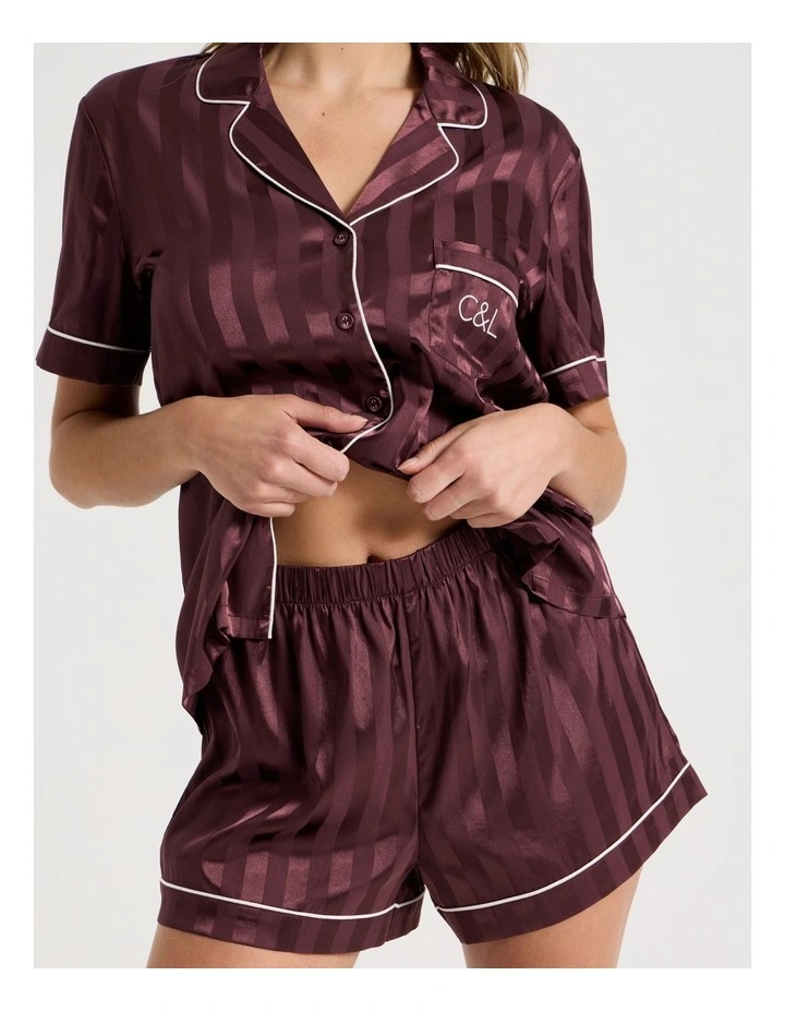 Luxe Satin Jacquard Stripe Short Sleeve Short PJ Set in Raisin Jacquard image 3