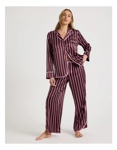Luxe Satin Binding Long Sleeve Long PJ Set in Raisin & Pink Stripe Print