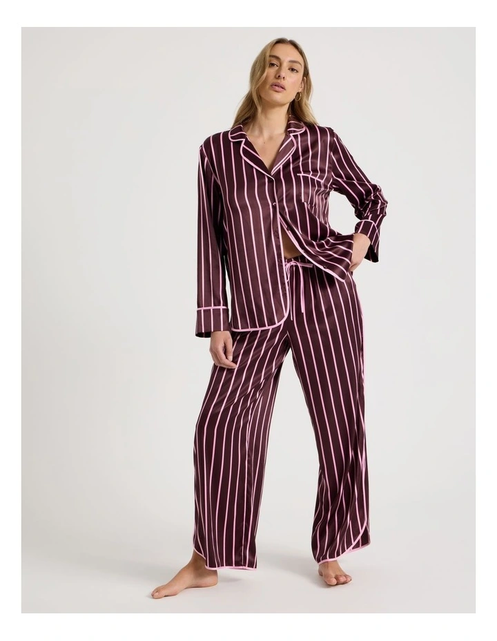 Luxe Satin Binding Long Sleeve Long PJ Set in Raisin & Pink Stripe Print image 1