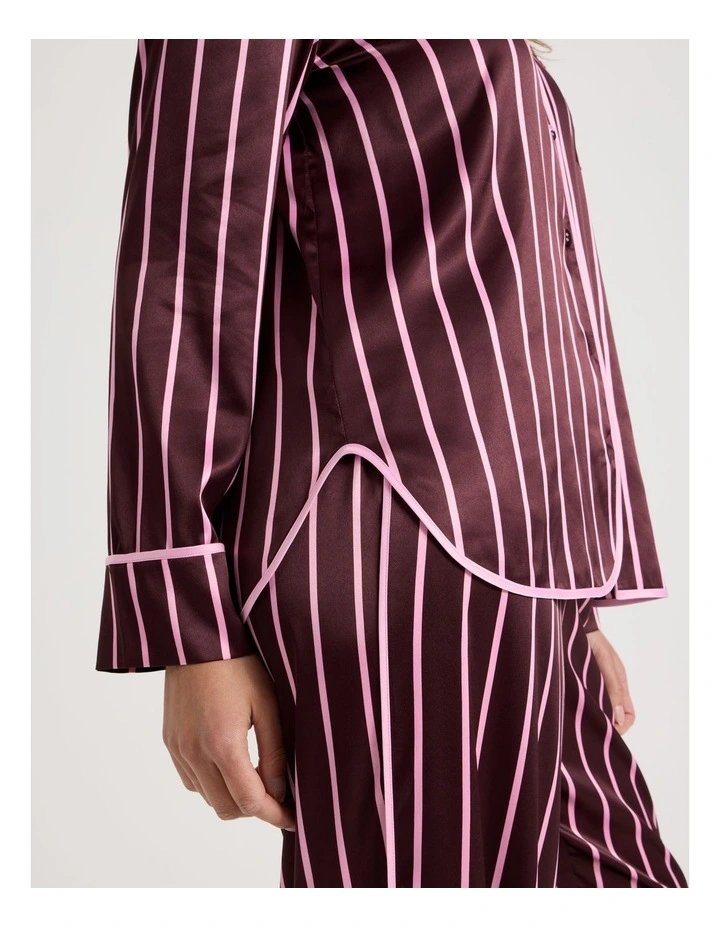 Luxe Satin Binding Long Sleeve Long PJ Set in Raisin & Pink Stripe Print image 4