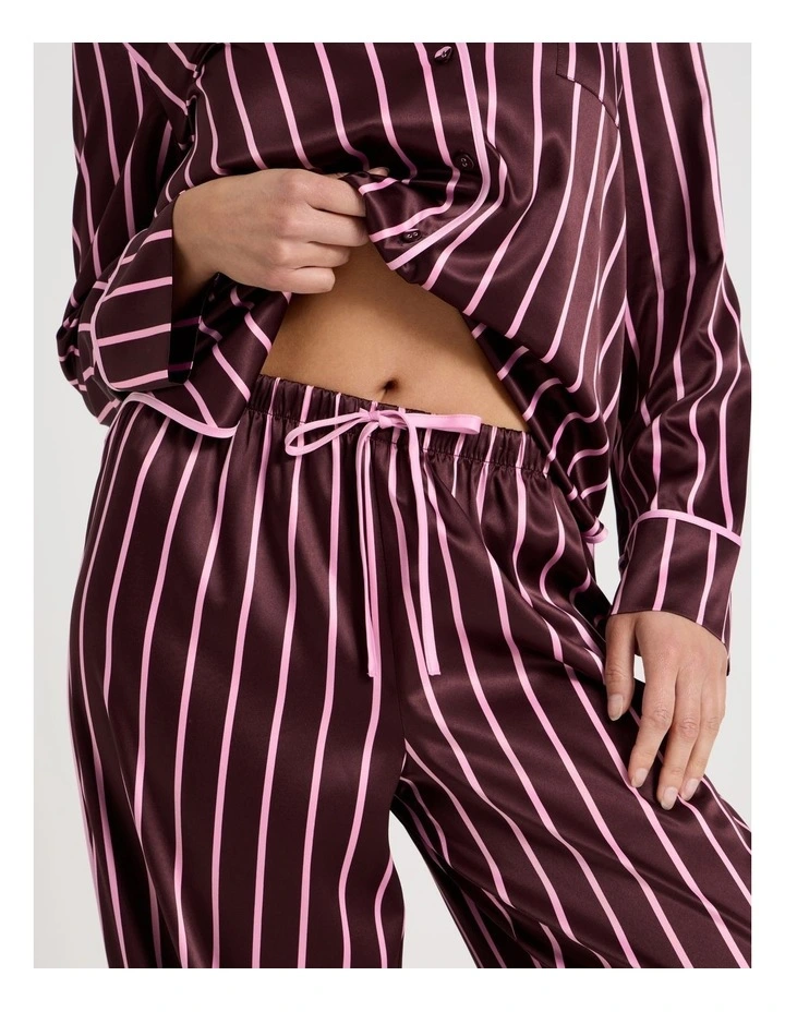 Luxe Satin Binding Long Sleeve Long PJ Set in Raisin & Pink Stripe Print image 5