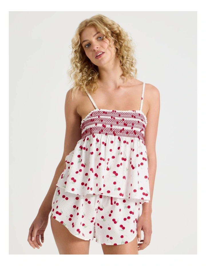 Lola Woven Shirred Cami Boxer Set in Cherry Ditsy Print image 1