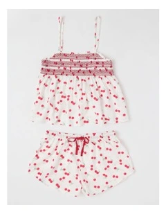 Lola Woven Shirred Cami Boxer Set in Cherry Ditsy Print