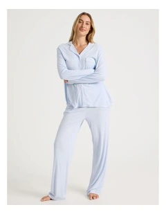 Pure Comfort Rib Long Sleeve Long PJ Set in Soft Blue