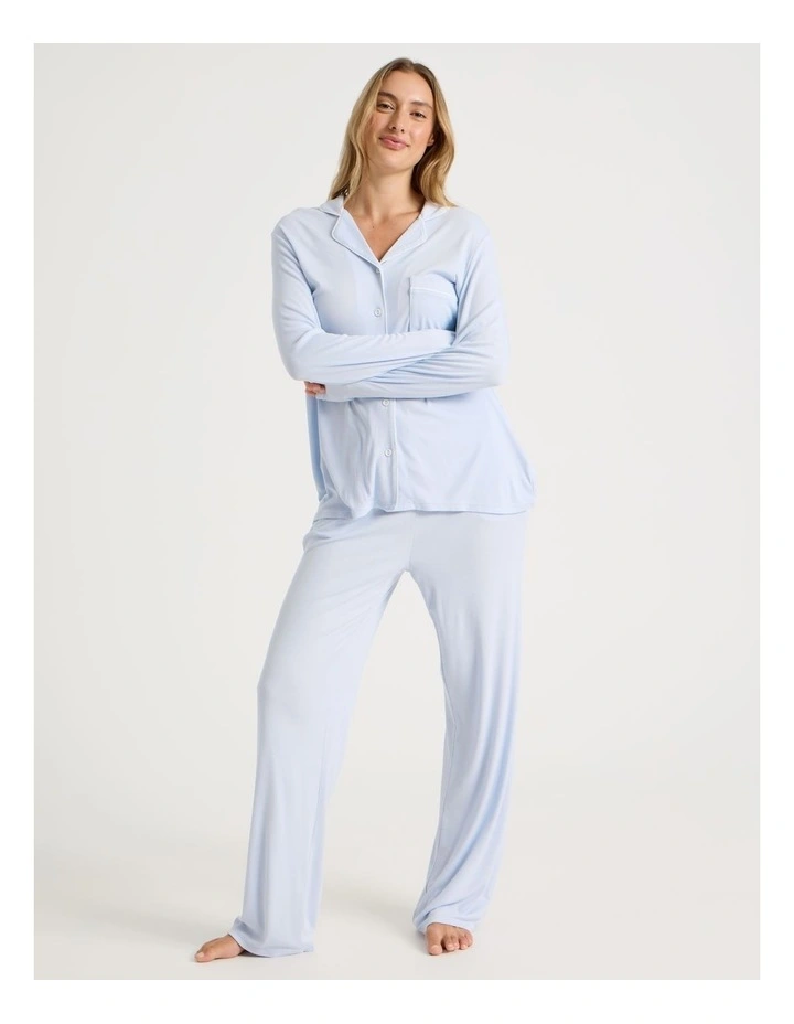 Pure Comfort Rib Long Sleeve Long PJ Set in Soft Blue image 1