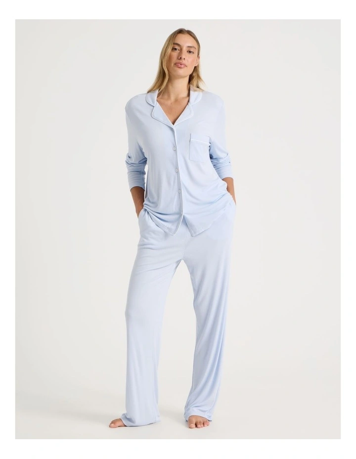 Pure Comfort Rib Long Sleeve Long PJ Set in Soft Blue image 4