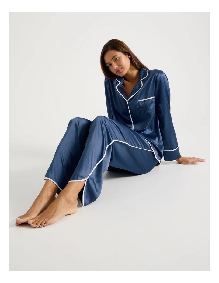 Luxe Satin Binding Long Sleeve Long PJ Set in Indigo image 1
