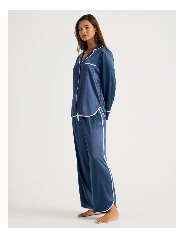 Luxe Satin Binding Long Sleeve Long PJ Set in Indigo image 2