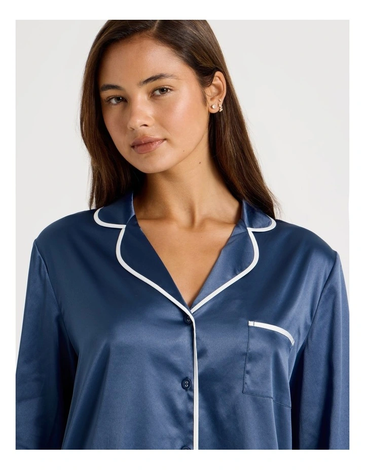 Luxe Satin Binding Long Sleeve Long PJ Set in Indigo image 5