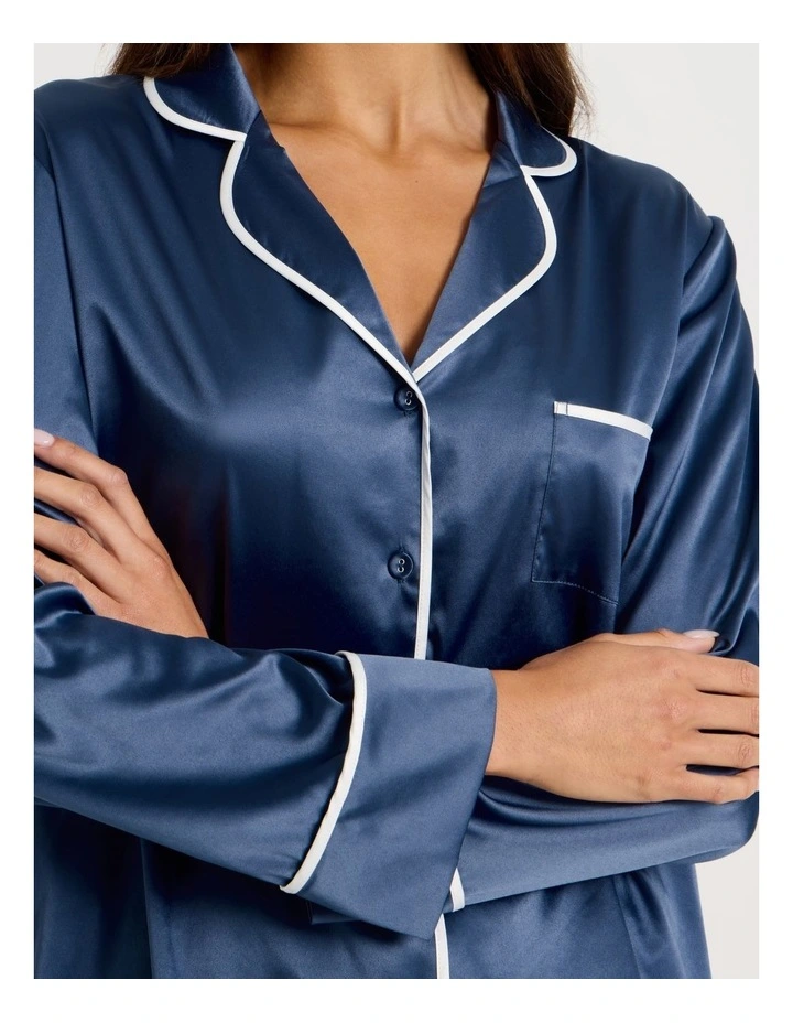 Luxe Satin Binding Long Sleeve Long PJ Set in Indigo image 7