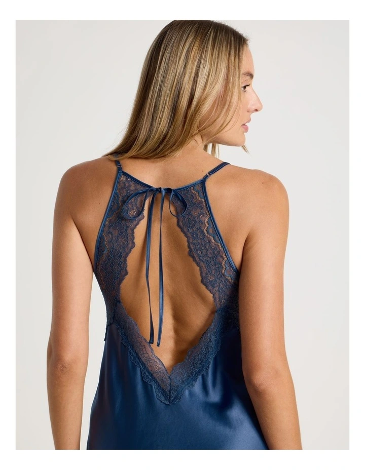 Luxe Satin Lace Bodice Long Chemise in Indigo image 2