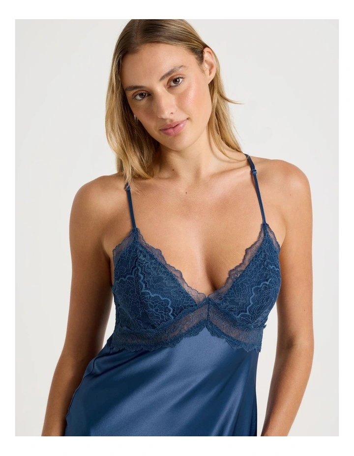 Luxe Satin Lace Bodice Long Chemise in Indigo image 3
