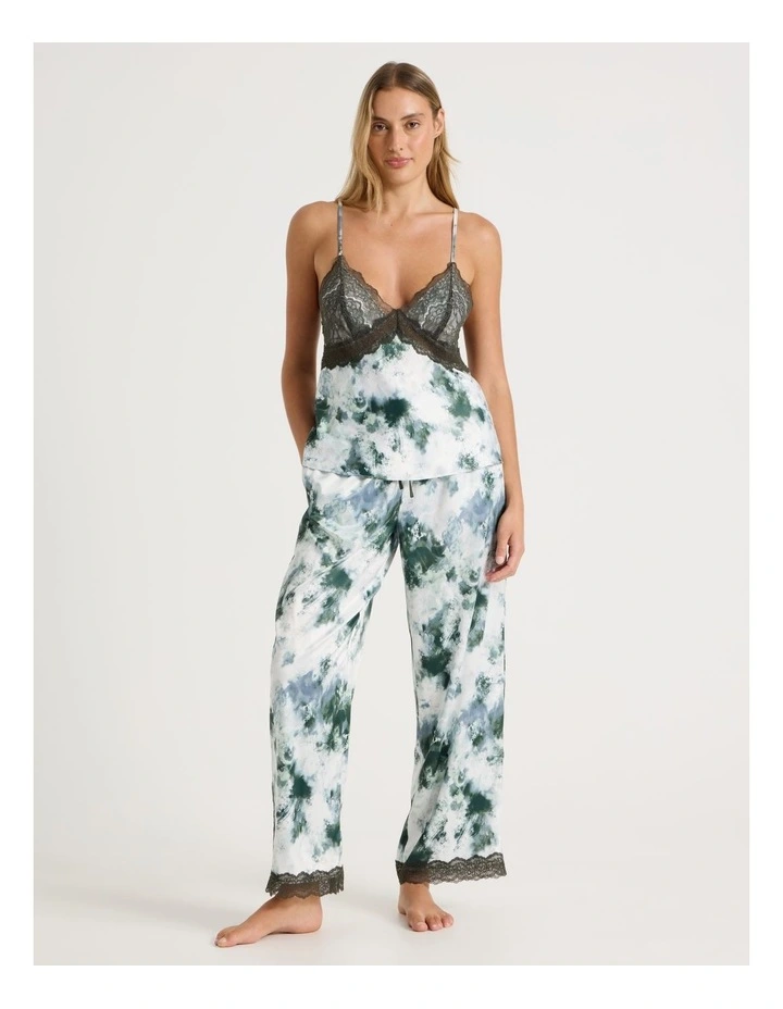 Luxe Satin Lace Bodice Cami Pant PJ Set in Olive Cloud Print image 1