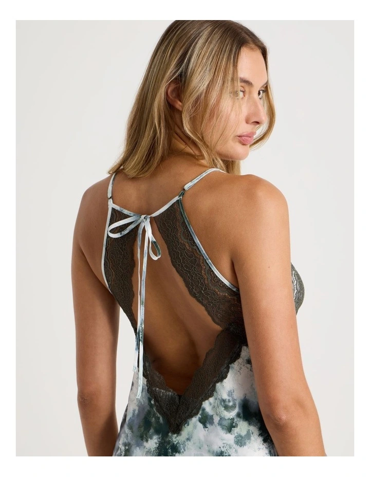 Luxe Satin Lace Bodice Cami Pant PJ Set in Olive Cloud Print image 2