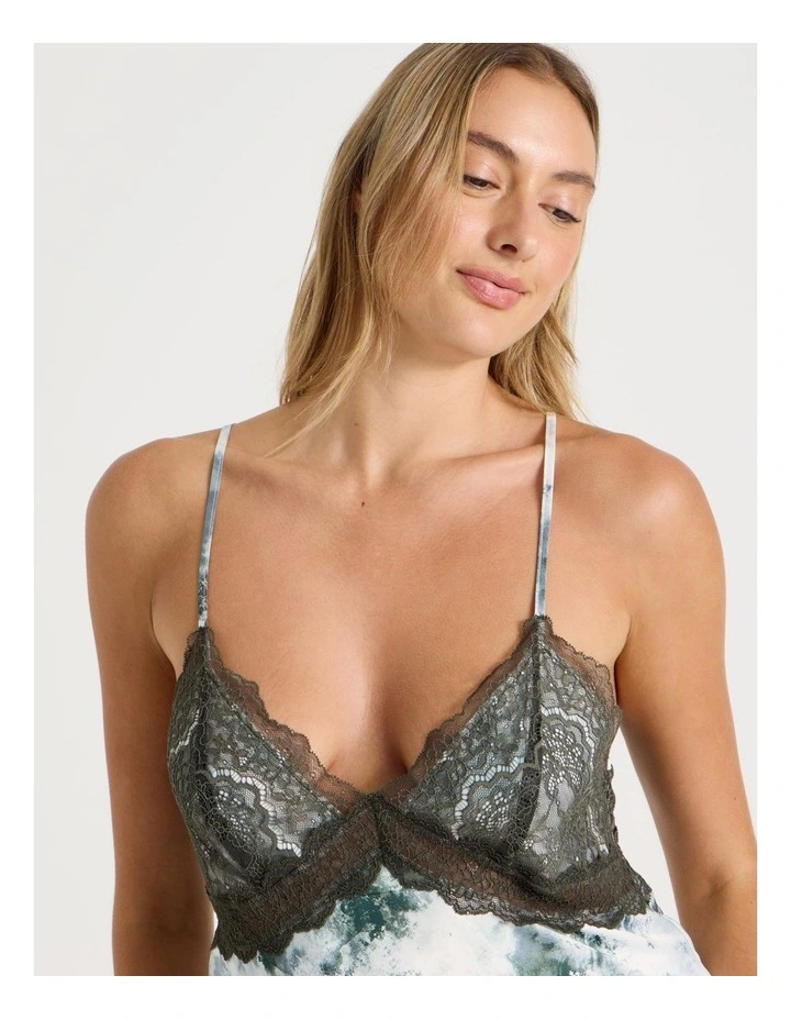 Luxe Satin Lace Bodice Cami Pant PJ Set in Olive Cloud Print image 3